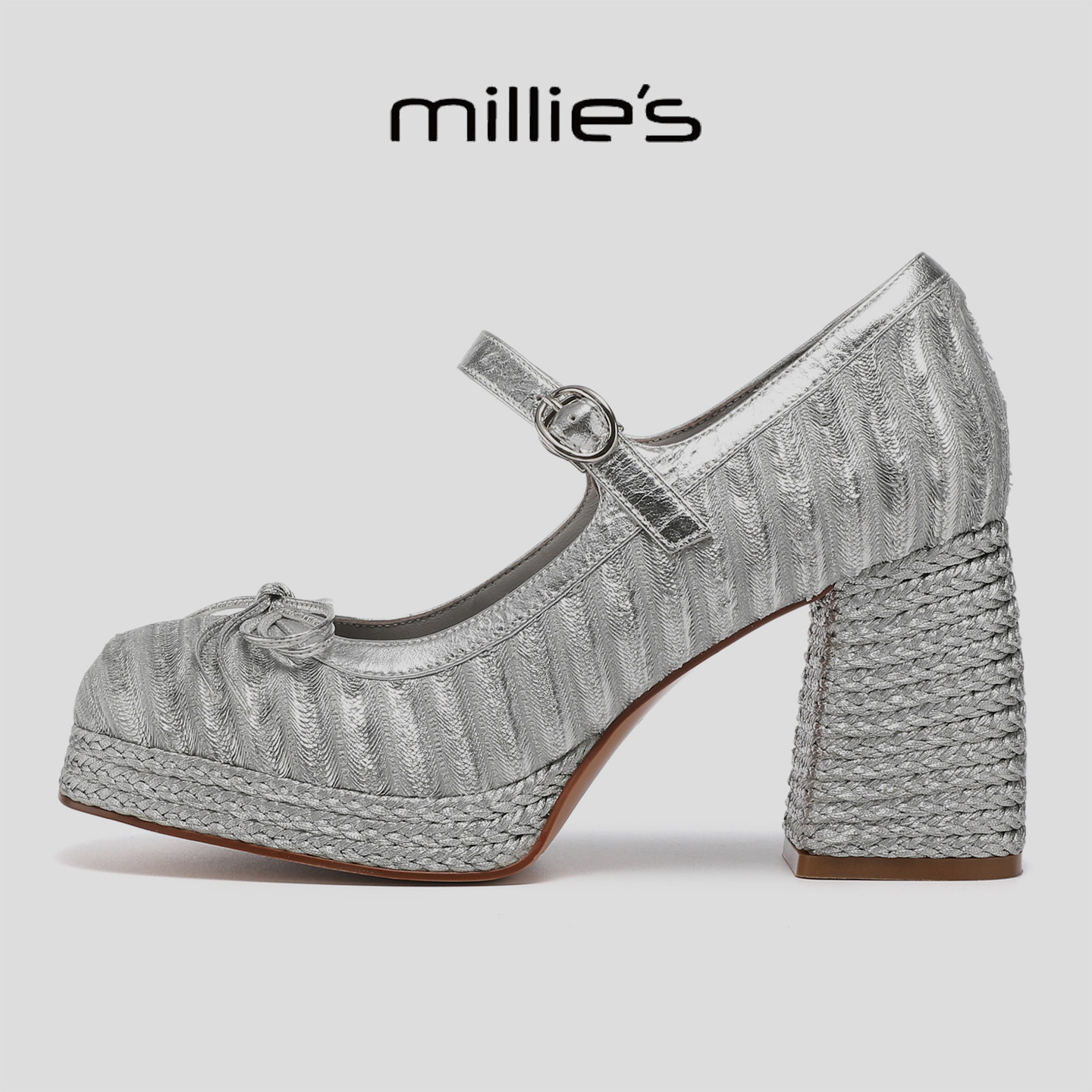 MILLIE'S/妙丽银色防水台单鞋玛丽珍鞋女粗跟厚底一字扣高跟鞋
