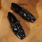 系带单鞋 MILLIE 女Q 法式 方头内增高铆钉通勤小皮鞋 妙丽2025新款
