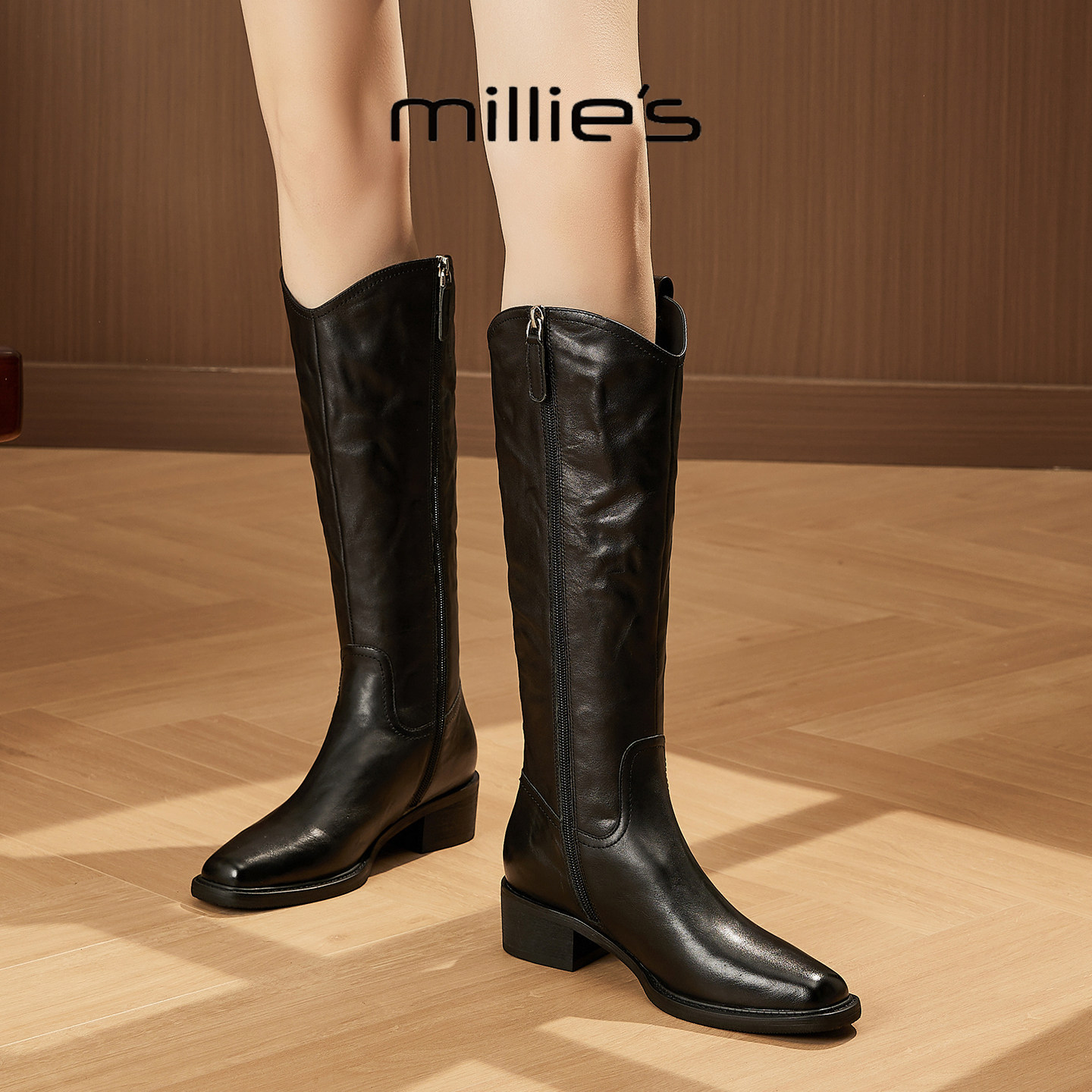 MILLIE'S/妙丽真皮粗跟高筒靴