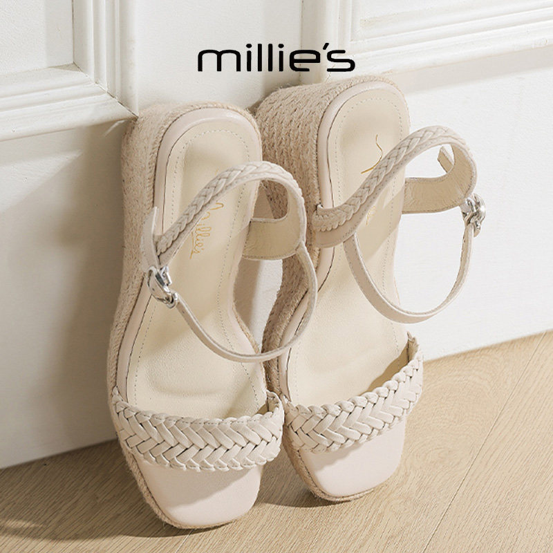 MILLIE'S/妙丽方头粗跟编织时尚百搭舒适透气不累脚休闲凉鞋女鞋