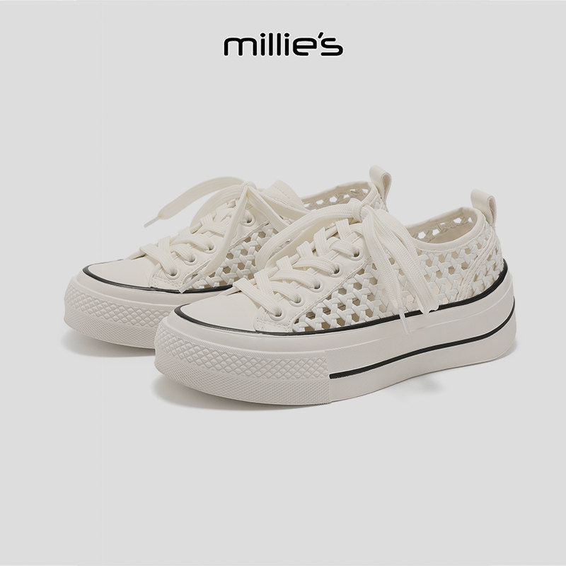 MILLIE'S/妙丽透气镂空小白鞋女厚底增高休闲鞋系带单鞋夏季薄款