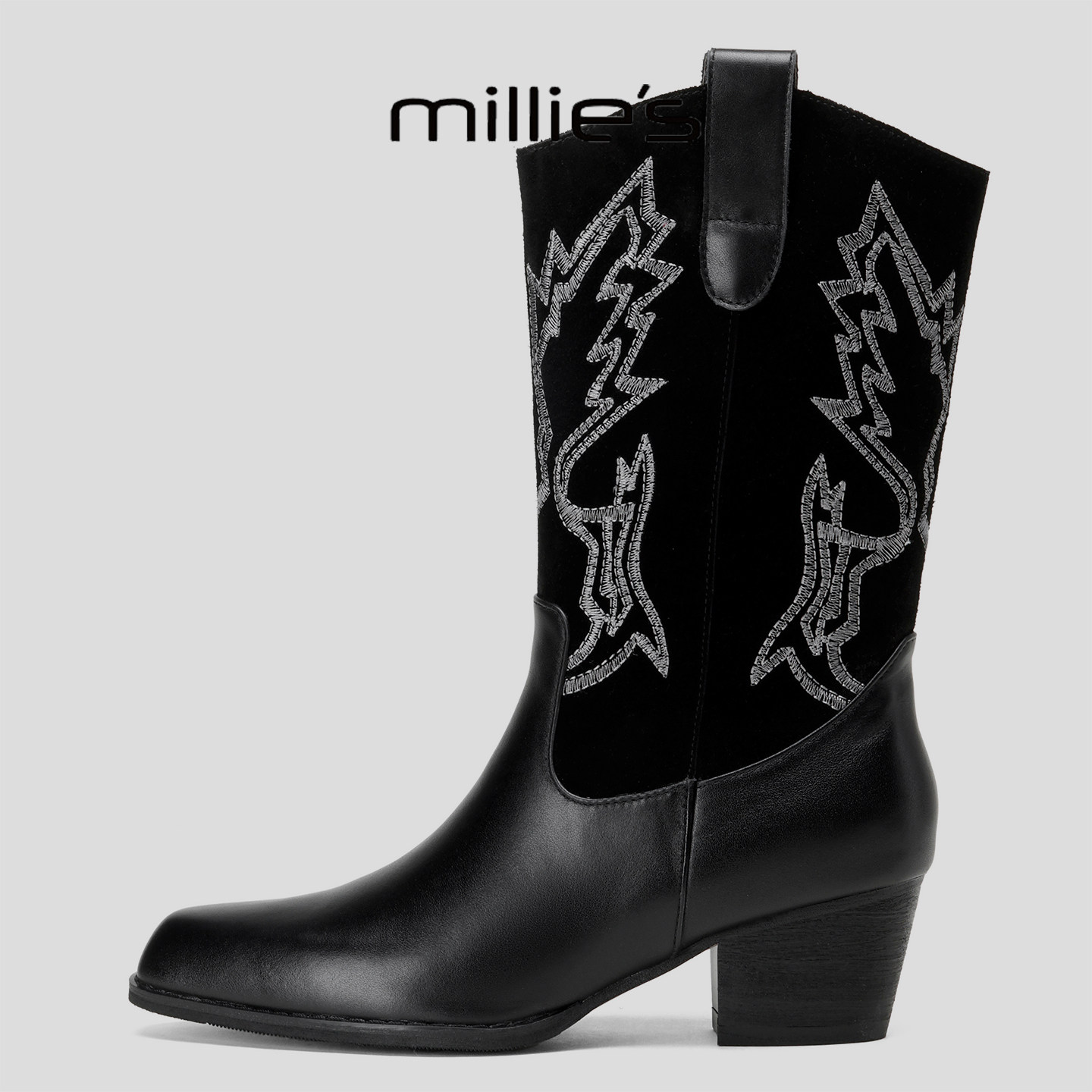 MILLIE'S/妙丽复古刺绣西部牛仔靴女真皮中筒骑士靴粗跟瘦瘦靴,女鞋,骑士靴,淘宝优惠券,粉丝福利购,淘宝优惠卷