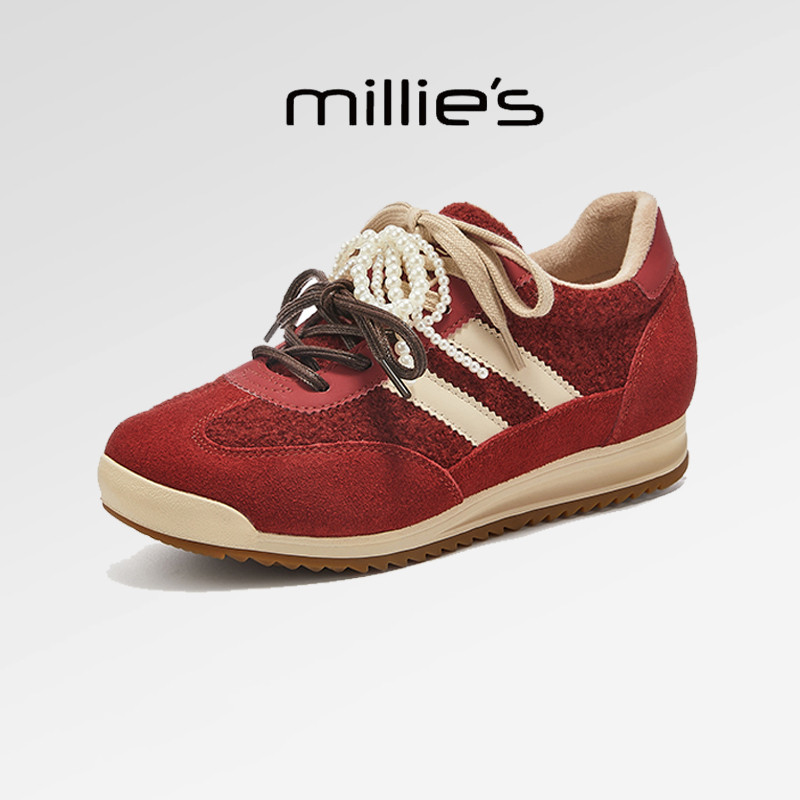 MILLIE'S/妙丽红色德训鞋女珍珠系带复古百搭软底阿甘休闲运动鞋,女鞋,健步鞋,淘宝优惠券,粉丝福利购,淘宝优惠卷