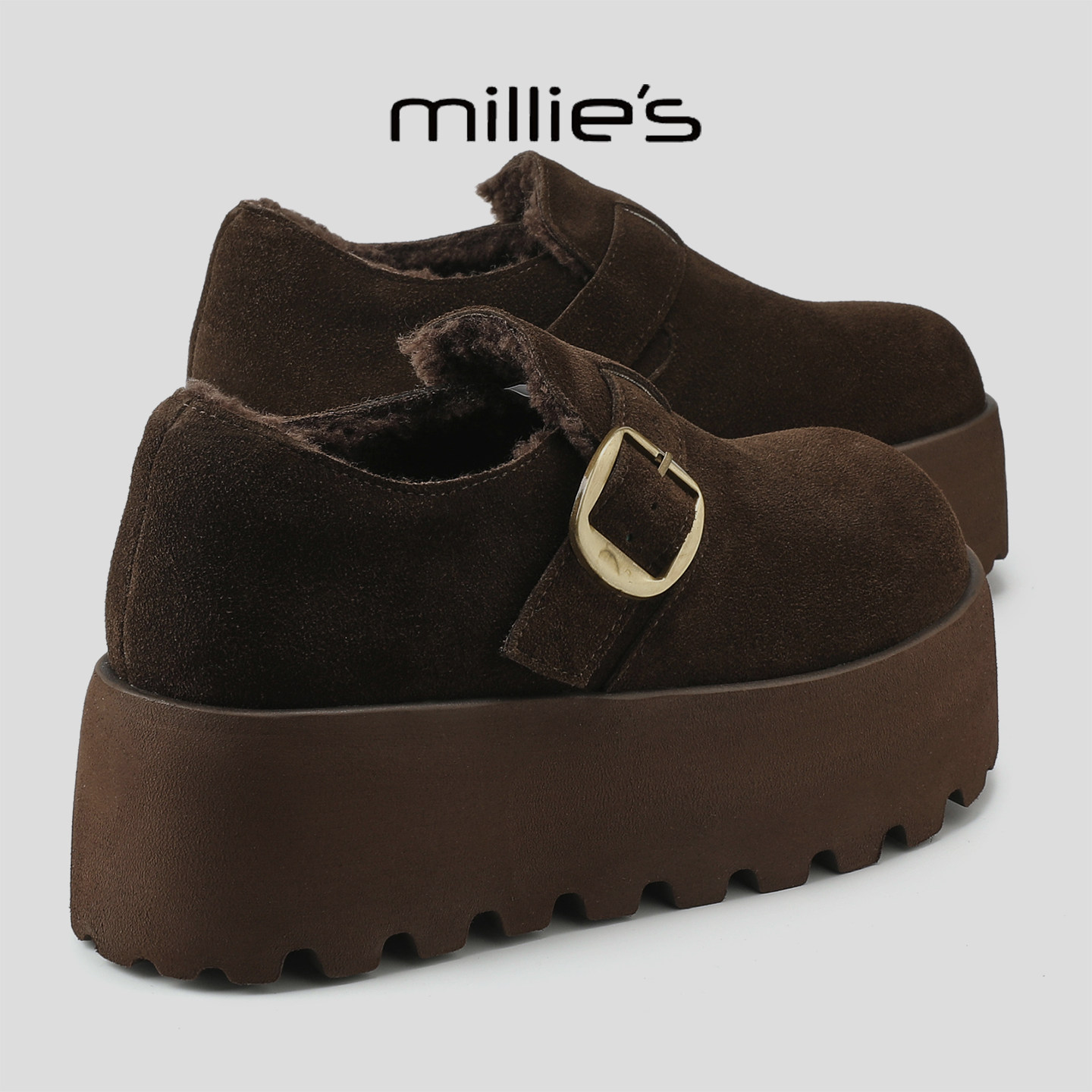 MILLIE'S/妙丽金属皮带扣加绒保暖勃肯鞋女厚底时尚休闲工装鞋,女鞋,工装鞋,淘宝优惠券,粉丝福利购,淘宝优惠卷