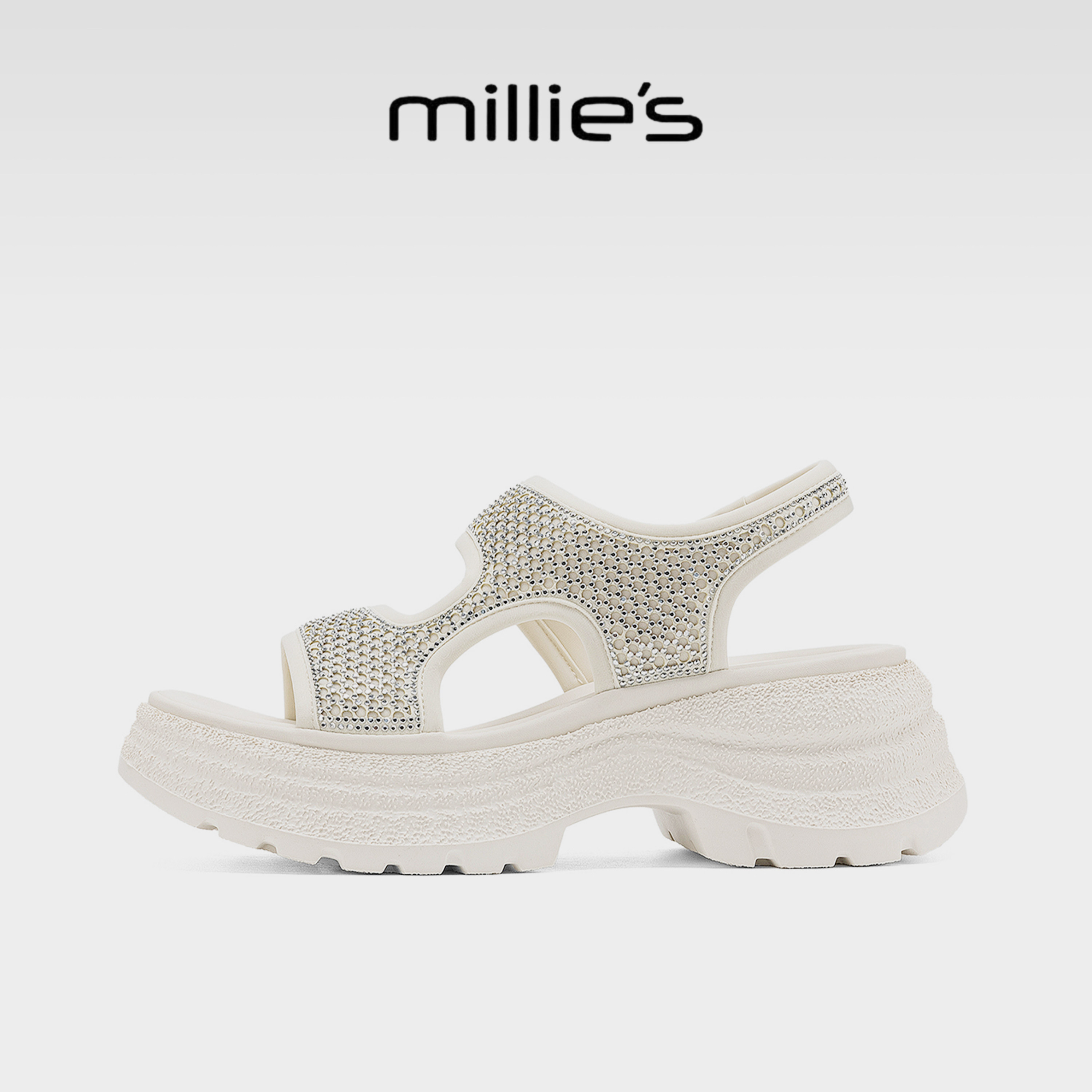 MILLIE'S/妙丽厚底增高水钻凉鞋女2026新款夏季小个子外穿休闲鞋G