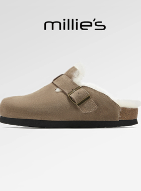 millies妙丽 圆头新款毛毛包头加绒保暖舒适磨砂皮休闲勃肯鞋冬季