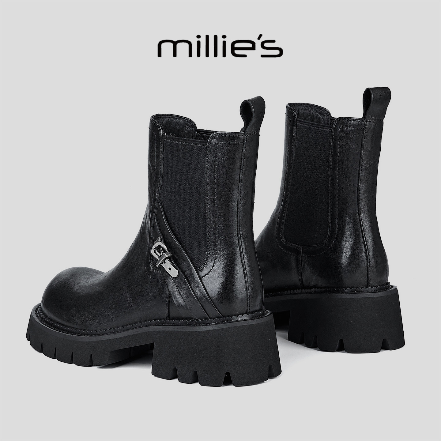 MILLIE'S/妙丽2025流行切尔西靴女款真皮靴子马丁靴平底加绒短靴