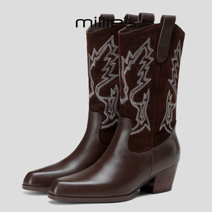 MILLIE'S/妙丽复古刺绣西部牛仔靴女中筒靴棕色加绒粗跟尖头靴子