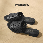 MILLIE 女 一字带凉鞋 妙丽方头平跟镂空复古风轻奢简约百搭时尚