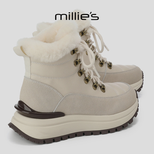 MILLIE'S/妙丽2025新款巨好看加绒加厚防滑雪地靴厚底系带马丁靴