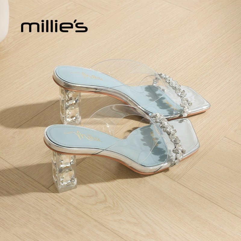 MILLIE'S/妙丽方头粗跟镂空闪亮水钻独特别致设计感外穿休闲拖鞋,女鞋,一字拖,淘宝优惠券,粉丝福利购,淘宝优惠卷