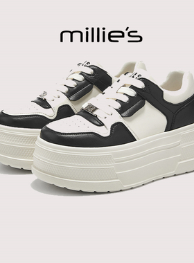 millies妙丽 圆头厚底韩系熊猫撞色拼接设计感时尚休闲小白鞋冬季