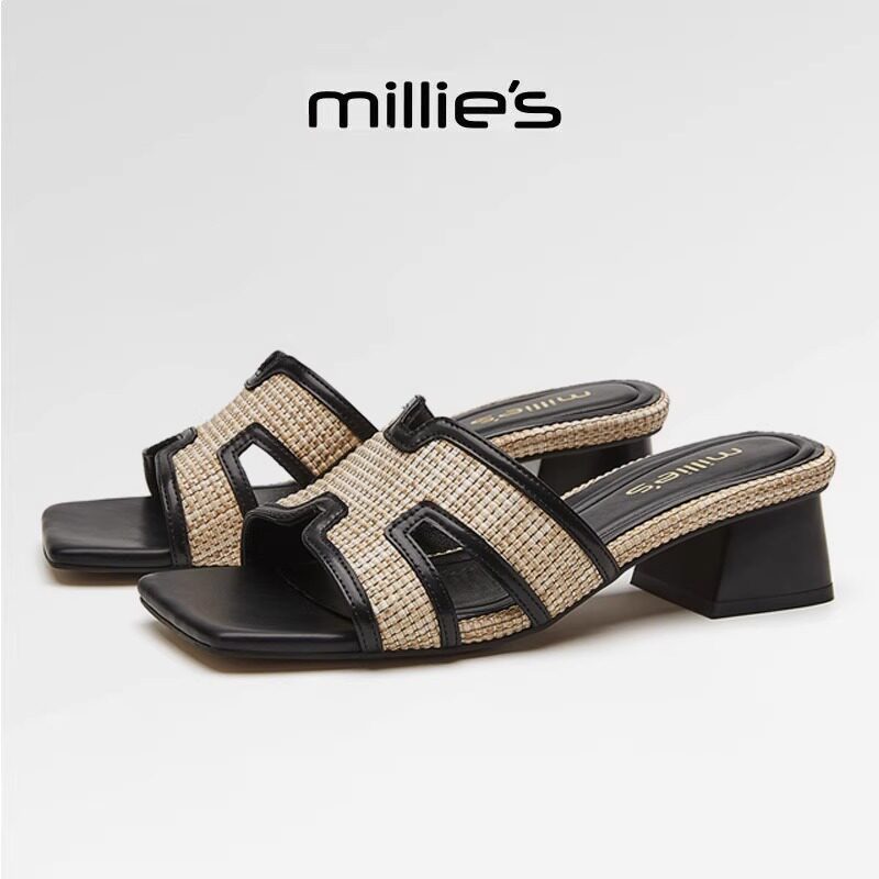 MILLIE'S/妙丽方头粗跟编织镂空时尚百搭舒适透气不累脚罗马凉鞋