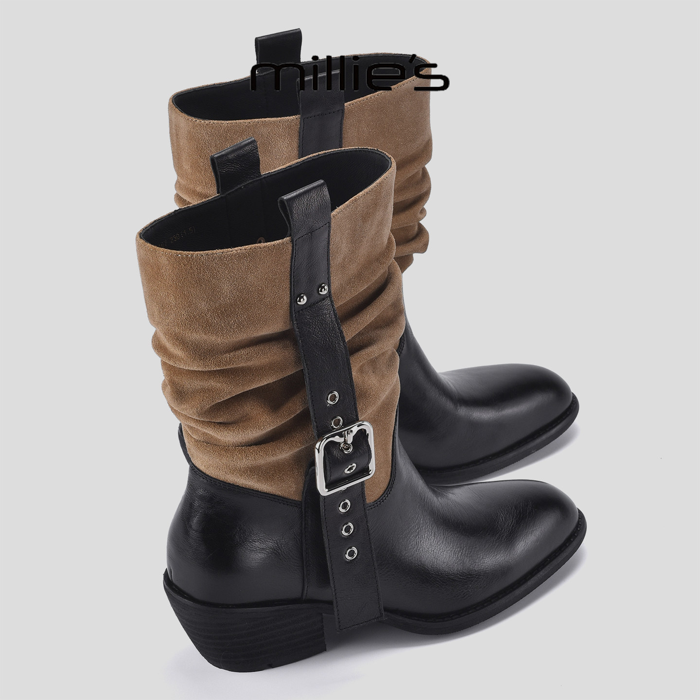 MILLIE'S/妙丽2025新款加绒短靴复古西部靴皮带扣真皮拼接堆堆鞋,女鞋,时装靴,淘宝优惠券,粉丝福利购,淘宝优惠卷