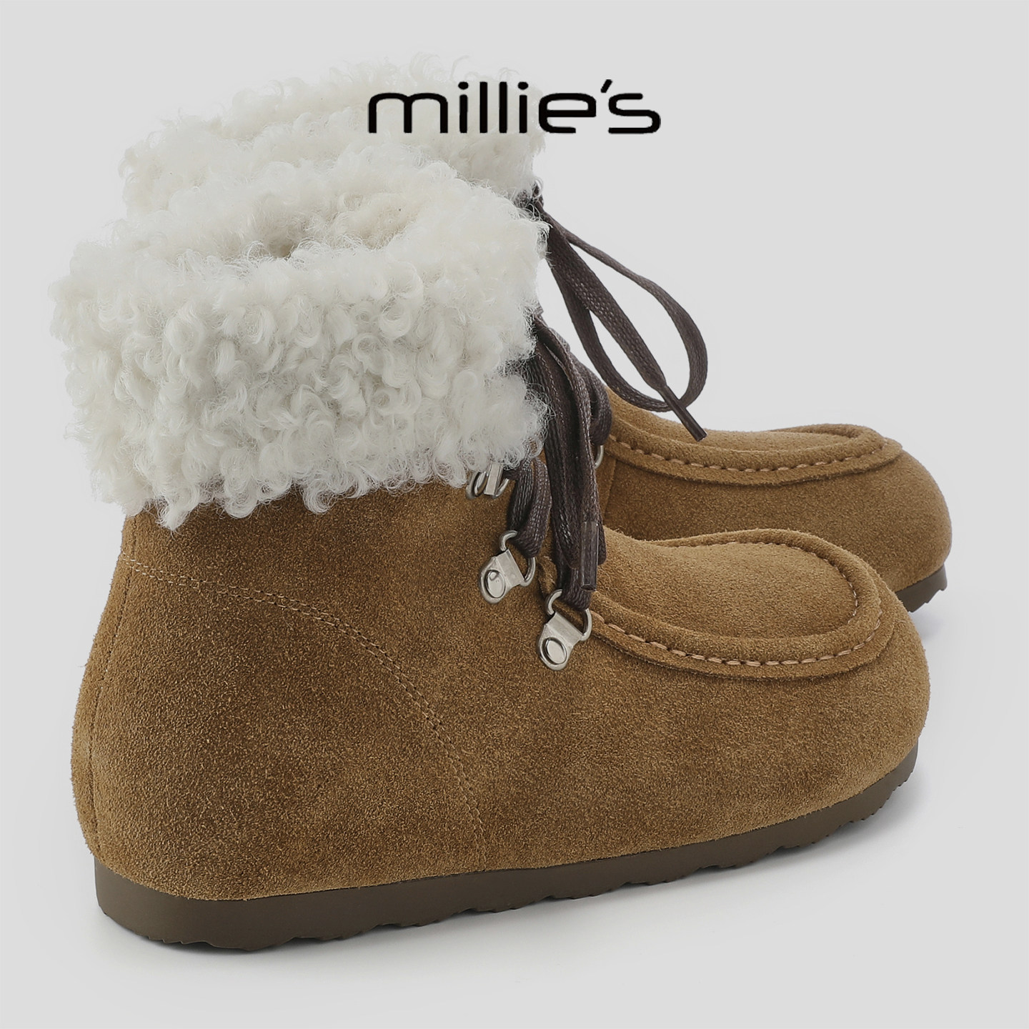 MILLIE'S/妙丽2025新款加绒保暖毛毛鞋女平底内增高撞色休闲棉鞋