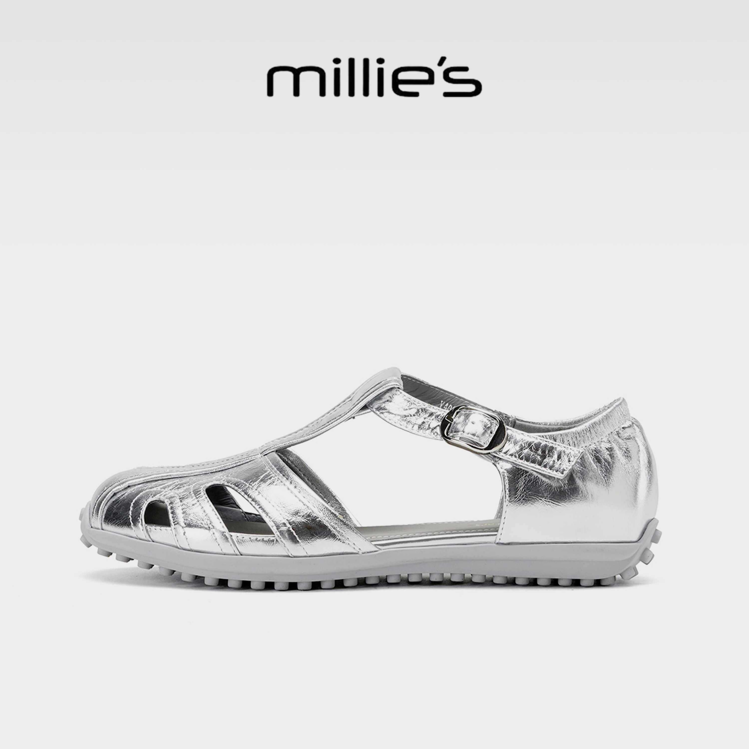 MILLIE'S/妙丽妙丽银色镂空包头凉鞋女夏一字扣平底透气玛丽珍鞋G