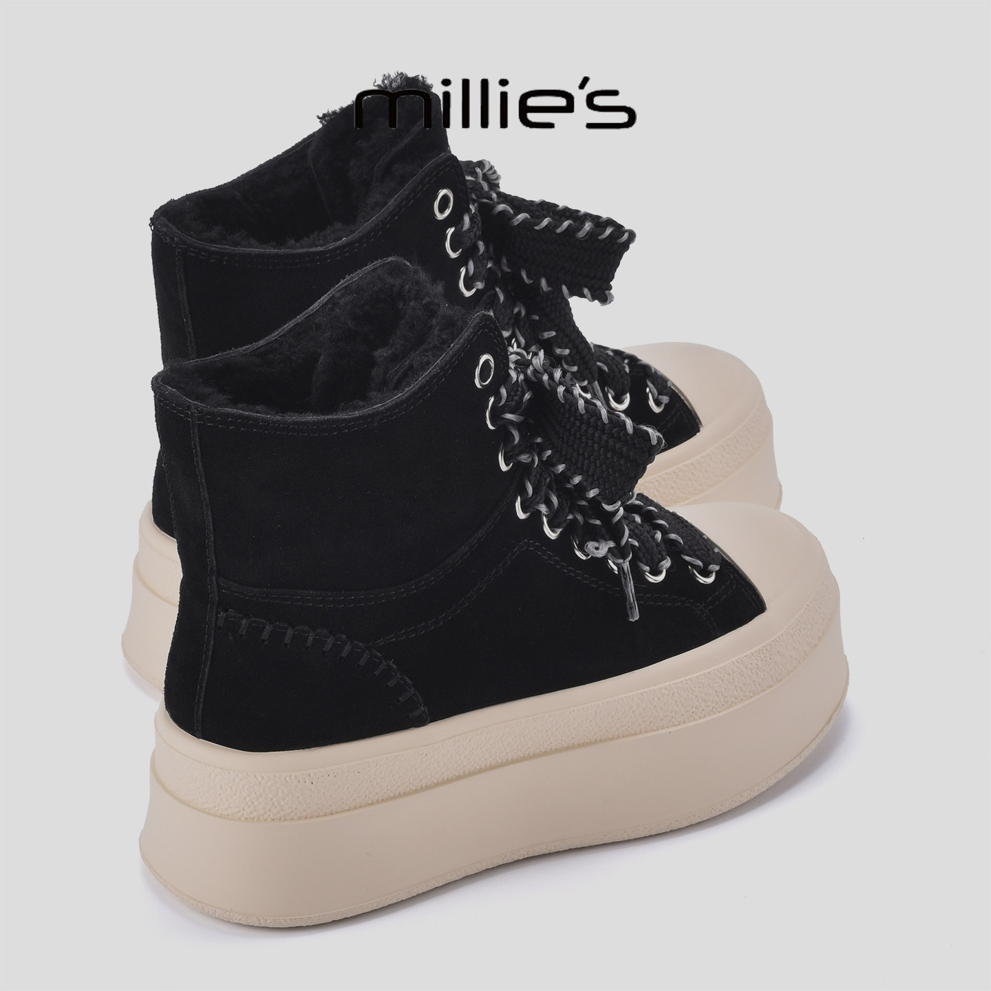 MILLIE'S/妙丽2026冬季新款巨好看短靴女黑白撞色厚底加绒雪地靴