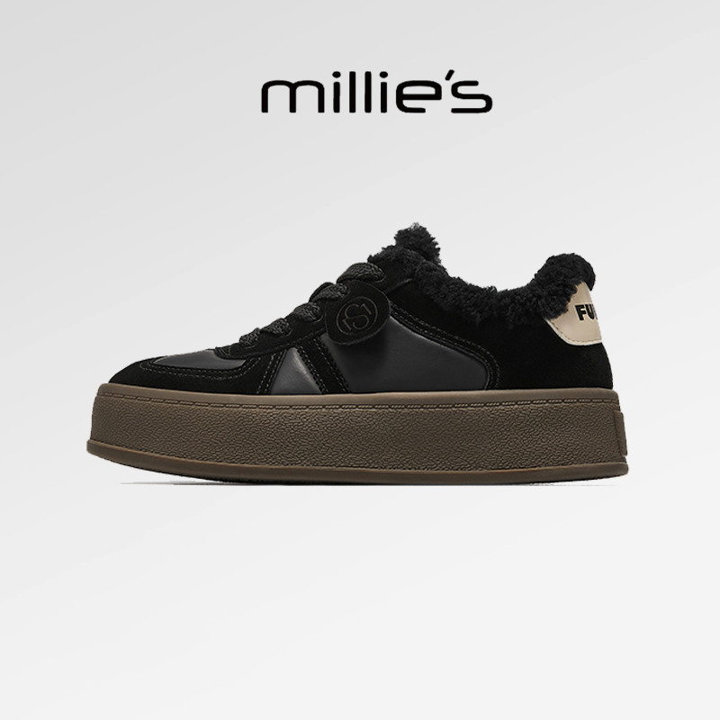 millies妙丽厚底低帮皮毛一体 复古毛茸保暖休闲板鞋德训鞋女冬季,女鞋,休闲板鞋,淘宝优惠券,粉丝福利购,淘宝优惠卷