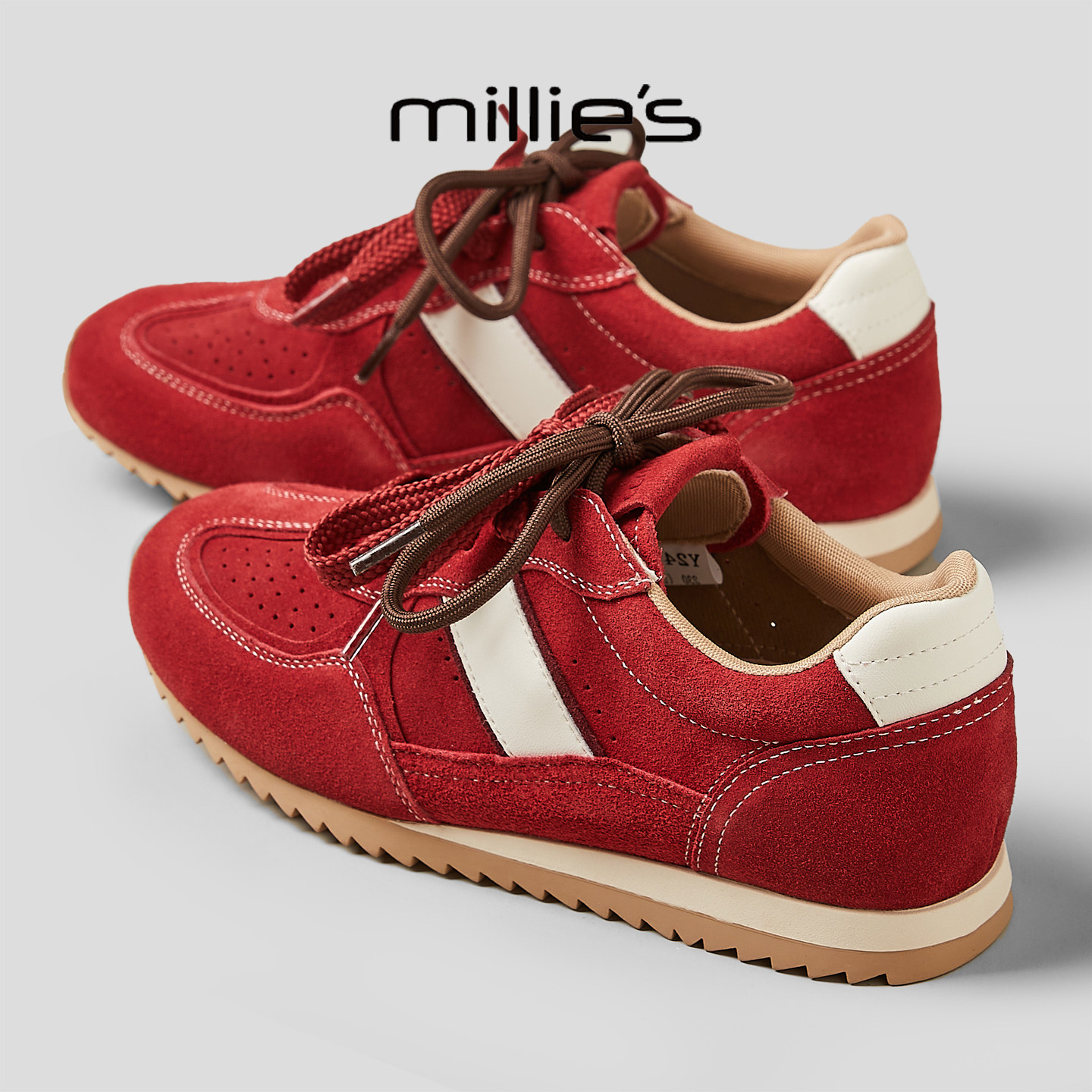 MILLIE'S/妙丽2026年超火的鞋子 红色潮流双鞋带英伦风复古阿甘鞋