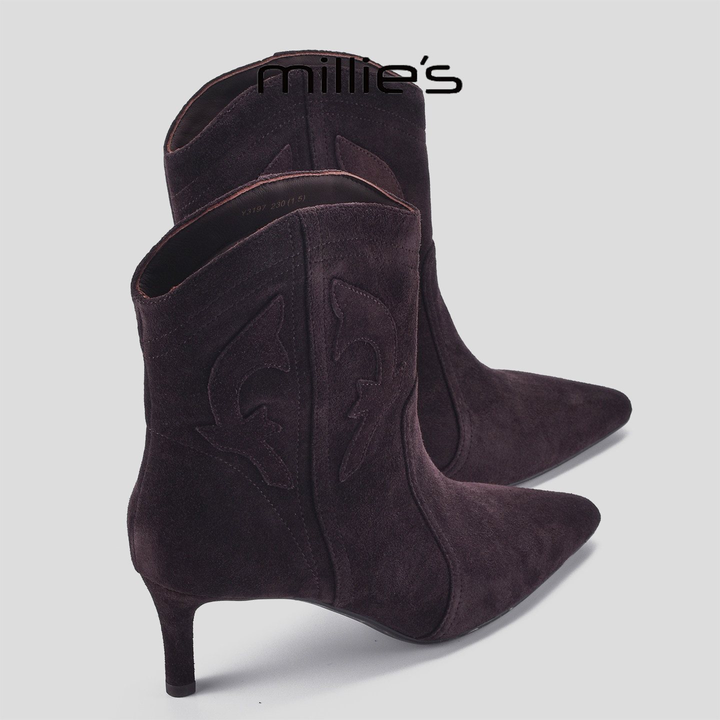 MILLIE'S/妙丽2025新款尖头短靴冬季加绒保暖细跟高跟鞋女瘦瘦靴