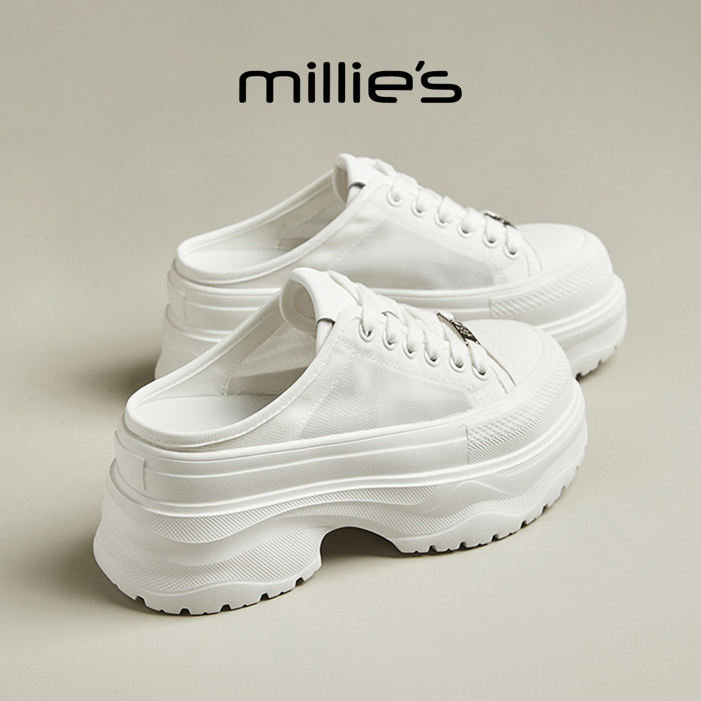 MILLIE'S/妙丽简约巨好看厚底增高半拖鞋女一脚蹬小白鞋松糕底