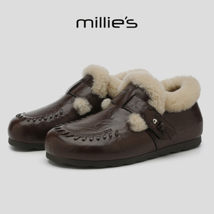 MILLIE'S/妙丽2025新款加绒保暖毛毛乐福鞋皮带扣休闲板鞋一脚蹬