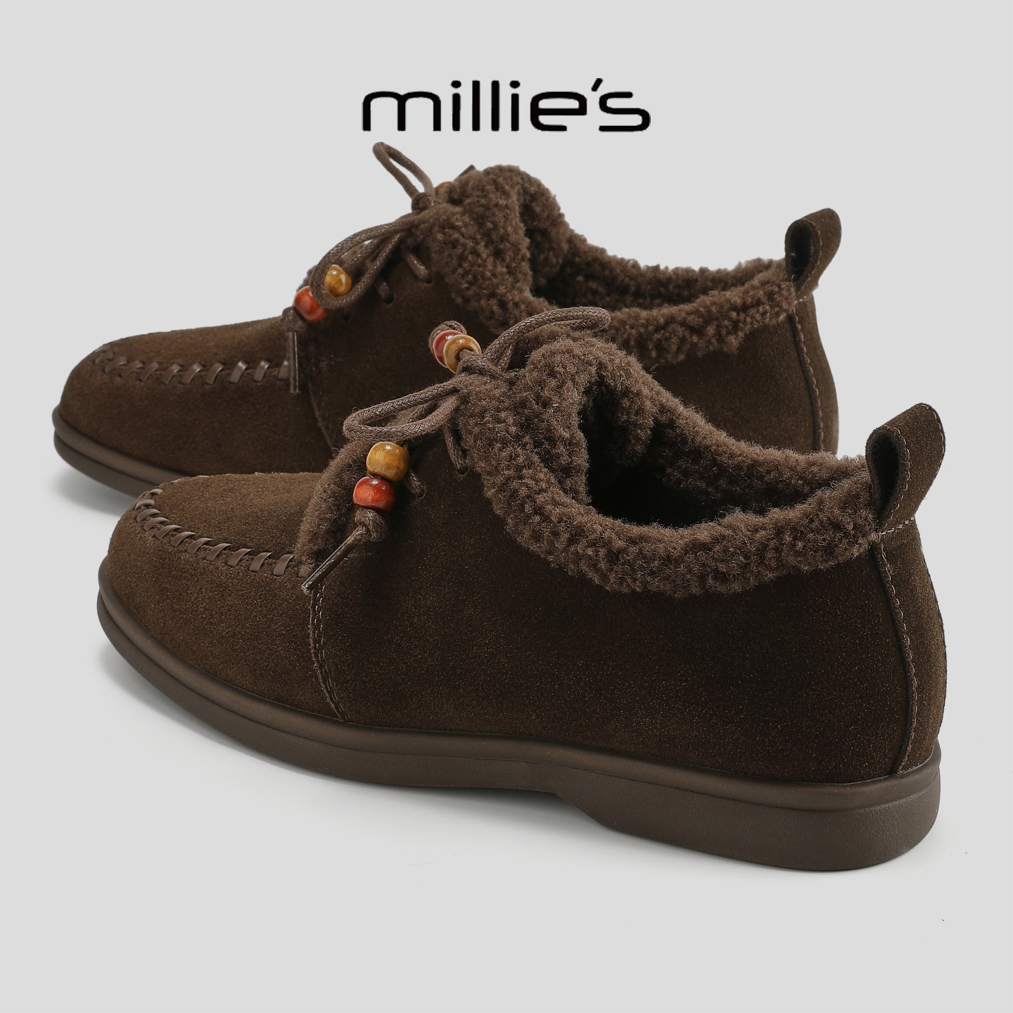 MILLIE'S/妙丽2025冬季新款加绒保暖复古串珠系带毛毛鞋休闲鞋女,女鞋,时装靴,淘宝优惠券,粉丝福利购,淘宝优惠卷