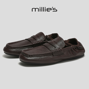 女平底舒适懒人穆勒鞋 MILLIE 真皮一脚蹬乐福鞋 妙丽英伦风春季