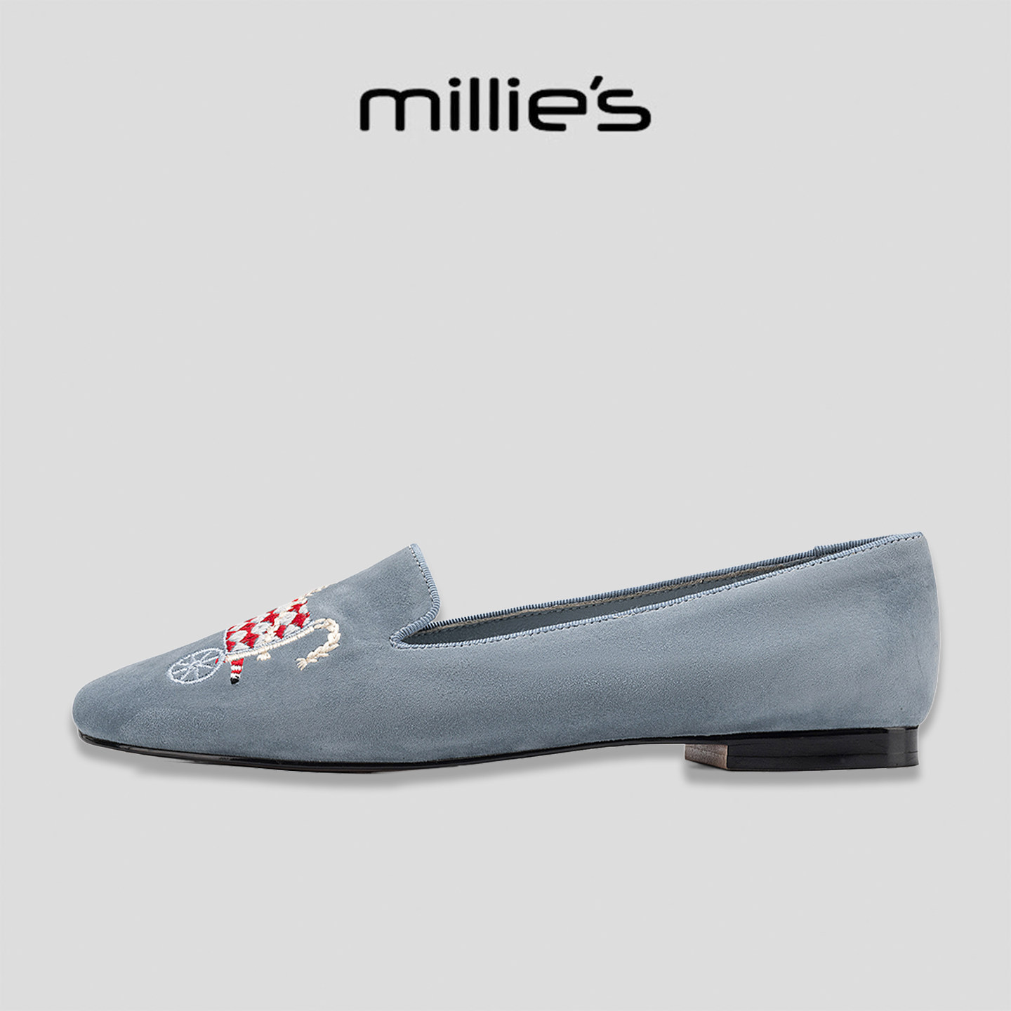 MILLIE'S/妙丽蓝色麂皮乐福鞋女平底2026新款一脚蹬套脚百搭单鞋G