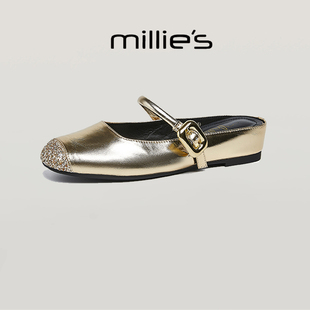 MILLIE'S/妙丽圆头小坡跟凉拖 扣带半拖夏季新款亮片镶钻百搭单鞋