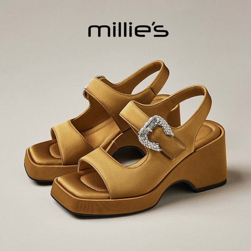 MILLIE'S/妙丽方头厚底水钻时尚百搭舒适透气不累脚休闲凉鞋女鞋