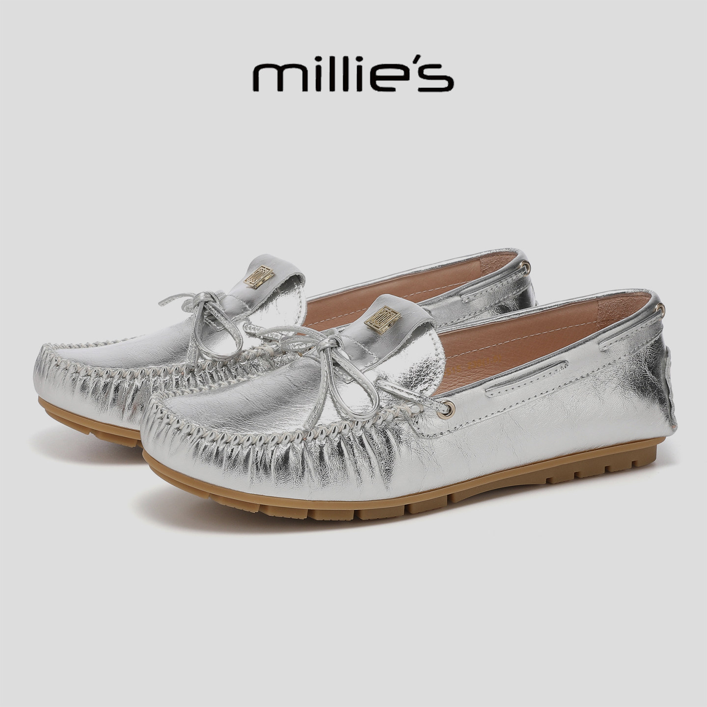 MILLIE'S/妙丽新款银色真皮乐福鞋女平底系带一脚蹬老钱风豆豆鞋