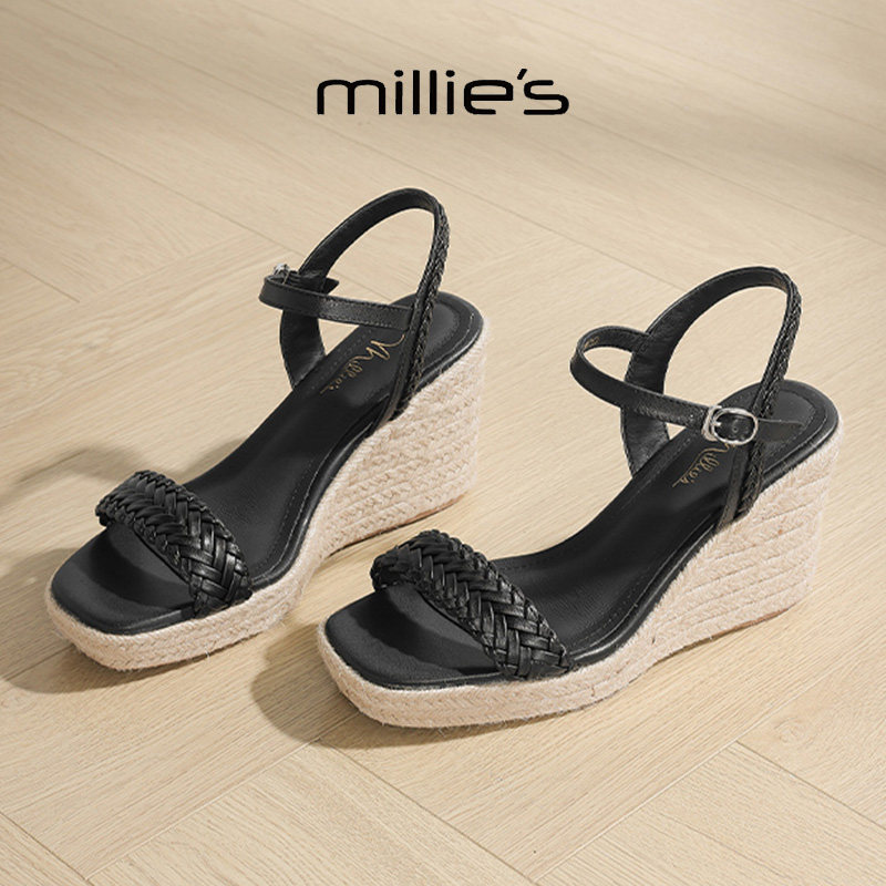 MILLIE'S/妙丽方头粗跟编织时尚百搭舒适透气不累脚罗马凉鞋女鞋