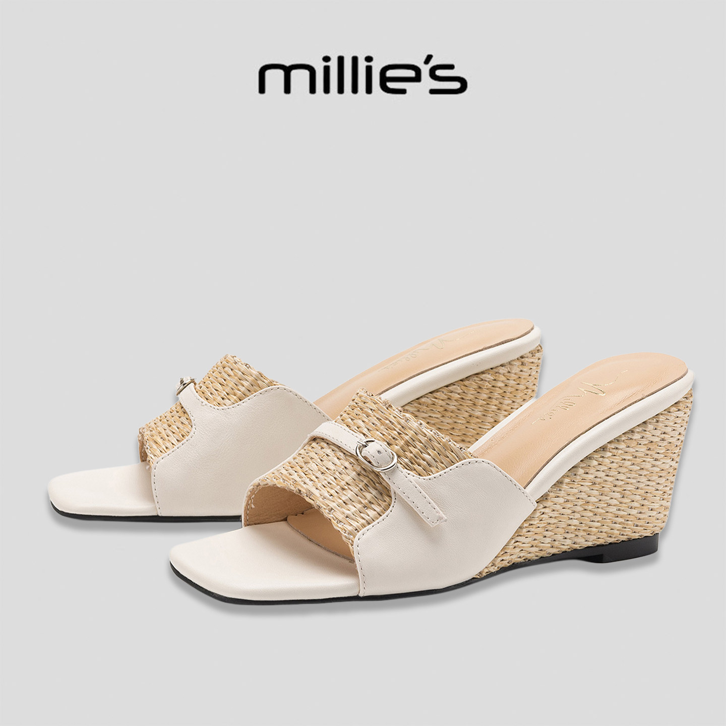 MILLIE'S/妙丽时尚外穿一字拖女夏新款好看编织皮带扣坡跟凉拖鞋G
