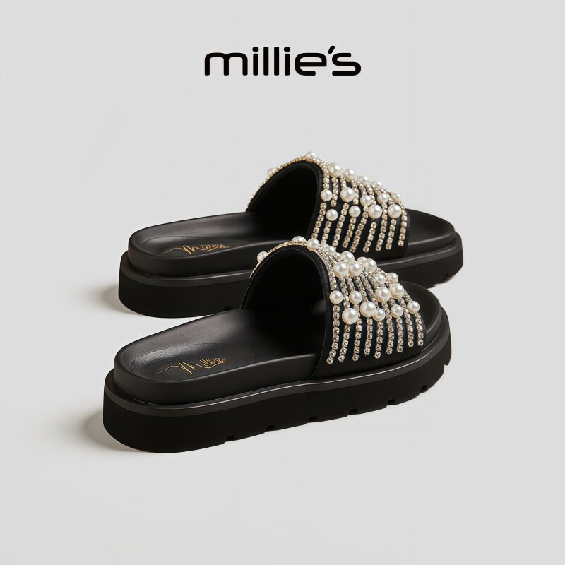 MILLIE'S/妙丽露趾厚底珠子镶嵌小香风柔软舒适时尚百搭一字拖鞋