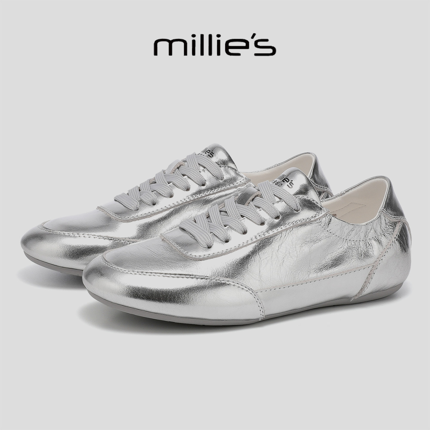 MILLIE'S/妙丽银色德训鞋女软底百搭休闲运动鞋软皮爆款不累脚