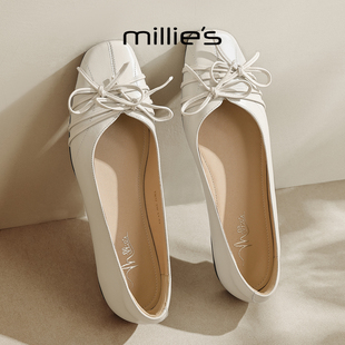 MILLIE'S/妙丽法式蝴蝶结芭蕾舞鞋女真皮浅口平底单鞋通勤百搭