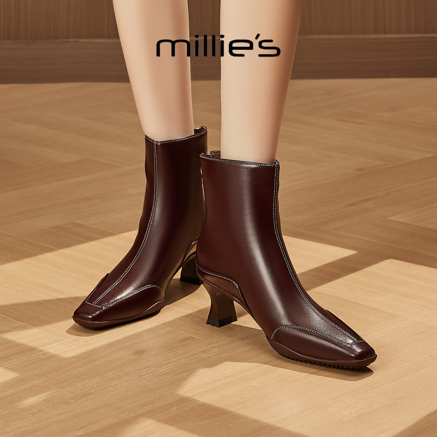 MILLIE'S/妙丽尖头粗跟高跟短靴