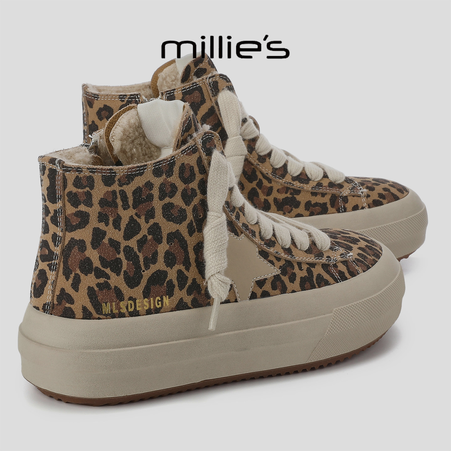 MILLIE'S/妙丽豹纹高帮板鞋女加绒保暖交叉系带厚底增高工装鞋,女鞋,工装鞋,淘宝优惠券,粉丝福利购,淘宝优惠卷