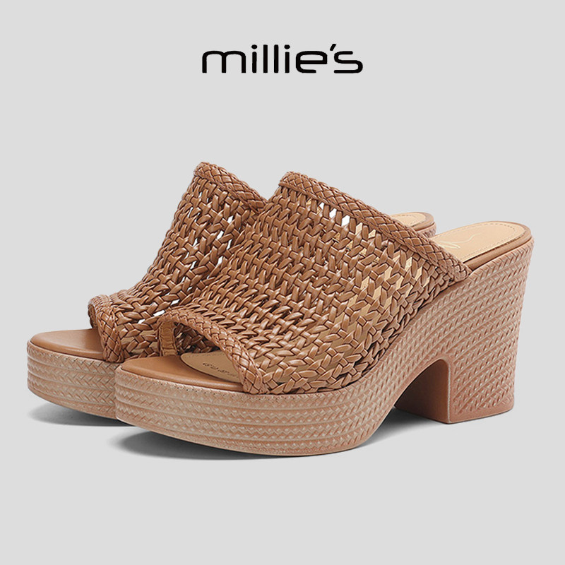 MILLIE'S/妙丽圆头粗跟镂空时尚百搭舒适透气不累脚休闲凉鞋女鞋