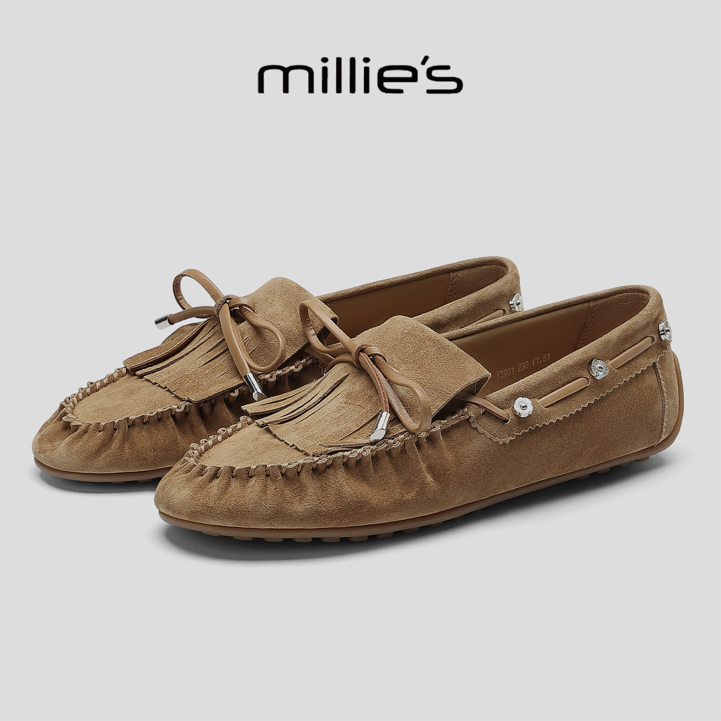 MILLIE'S/妙丽复古流苏乐福鞋女平底一脚蹬豆豆鞋舒适软底通勤鞋