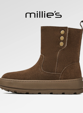 millies妙丽短靴 美拉德色圆头厚底真皮轻奢时髦加绒雪地靴女冬季