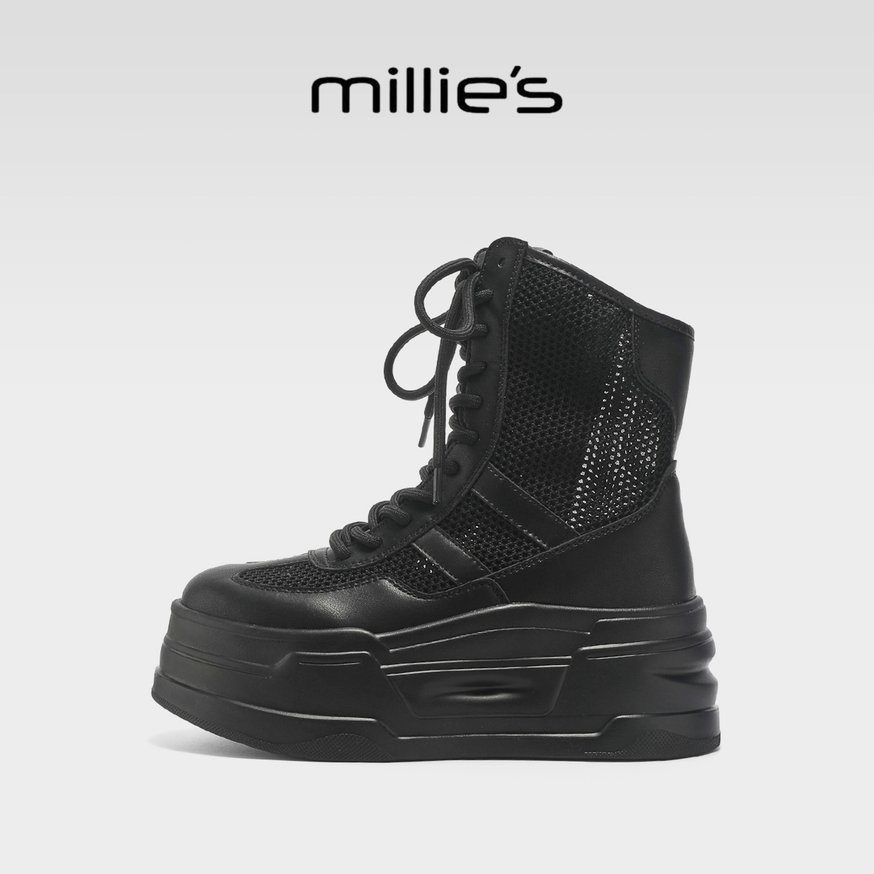 MILLIE'S/妙丽黑色网面透气厚底短靴女系带增高不累脚马丁靴百搭G