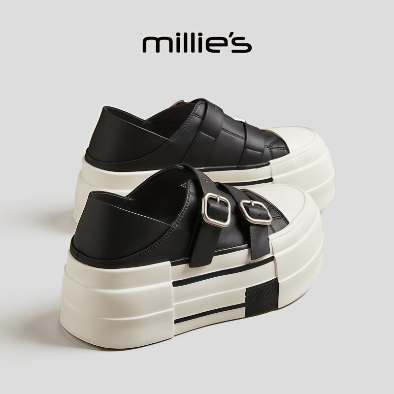 MILLIE'S/妙丽圆头厚底韩版炫酷高级设计感超轻便时尚休闲板鞋女