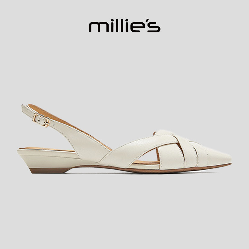 MILLIE'S/妙丽小方头平底一脚蹬镂空编织设计感日常百搭罗马凉鞋