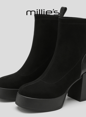 MILLIE'S/妙丽妙2025新款黑色粗跟加绒保暖短靴女厚底显高瘦瘦靴