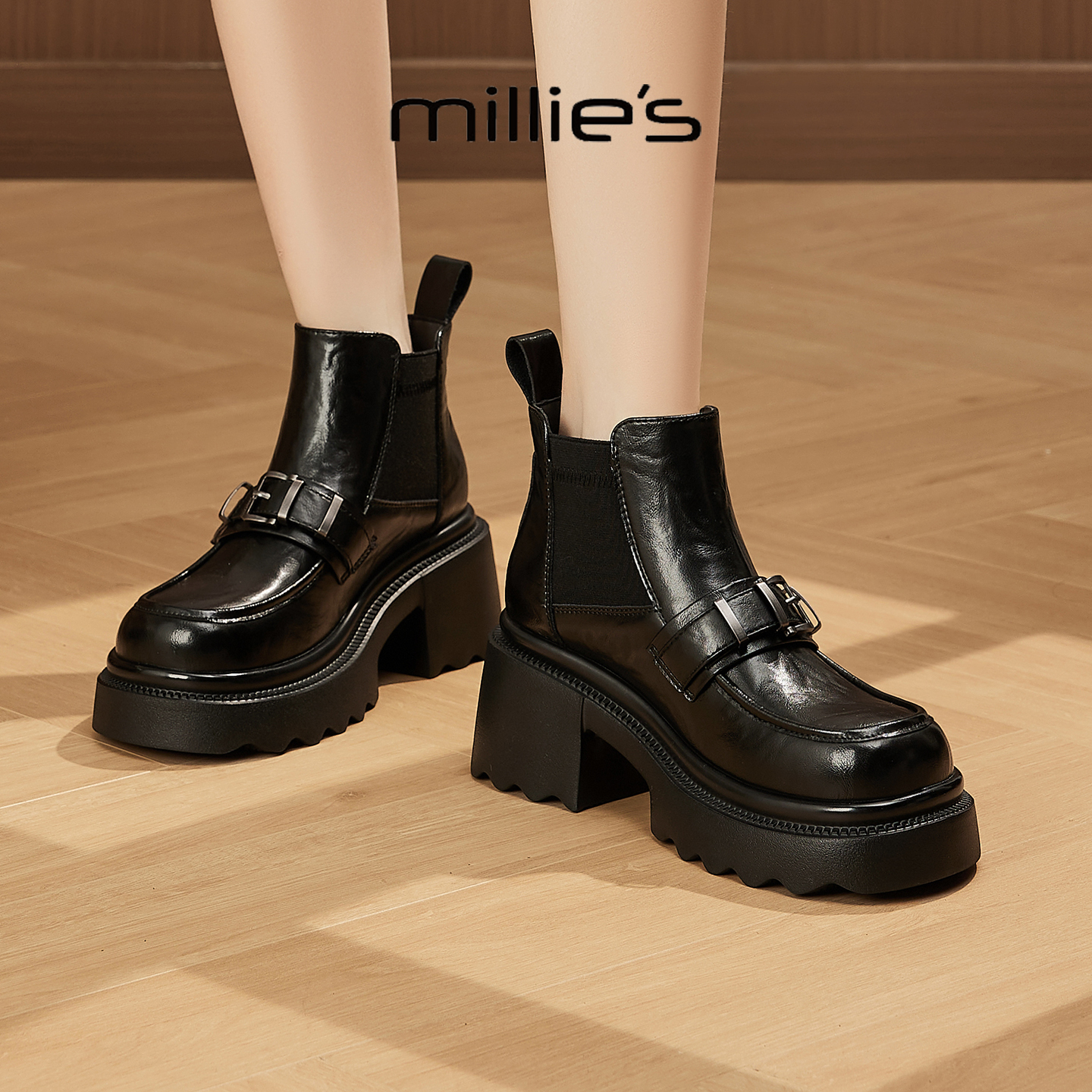MILLIE'S/妙丽真皮厚底切西尔靴