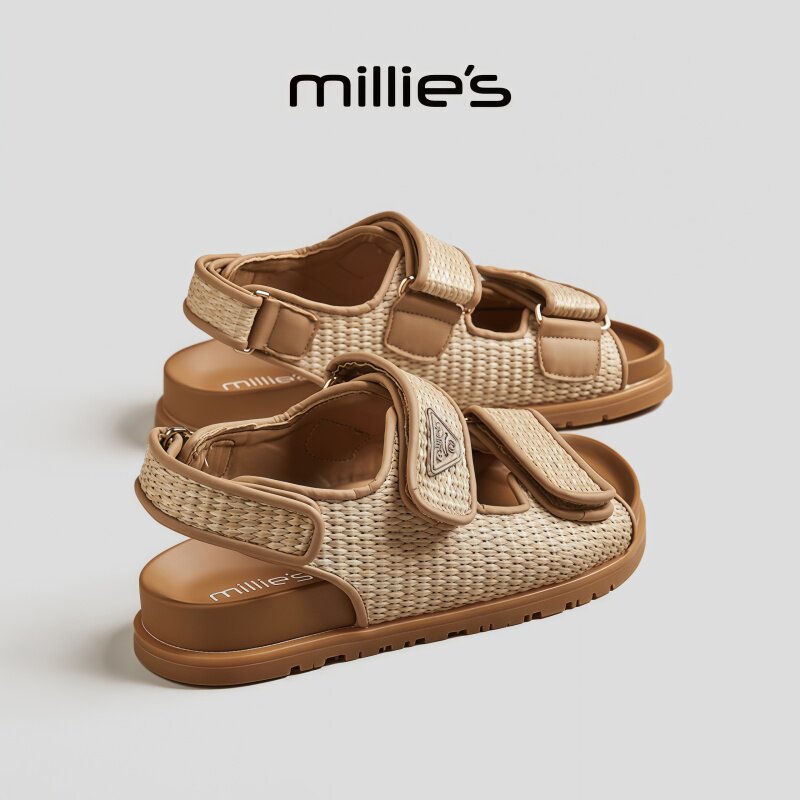 MILLIE'S/妙丽露趾平底复古美拉德风沙滩度假风时尚百搭休闲凉鞋