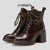 MILLIE 妙丽美拉德骑士靴真皮系带拉链厚底加绒增高短靴粗跟