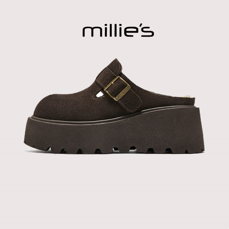 MILLIE'S/妙丽美拉德厚底增高皮带扣加绒半拖鞋勃肯穆勒鞋冬季款